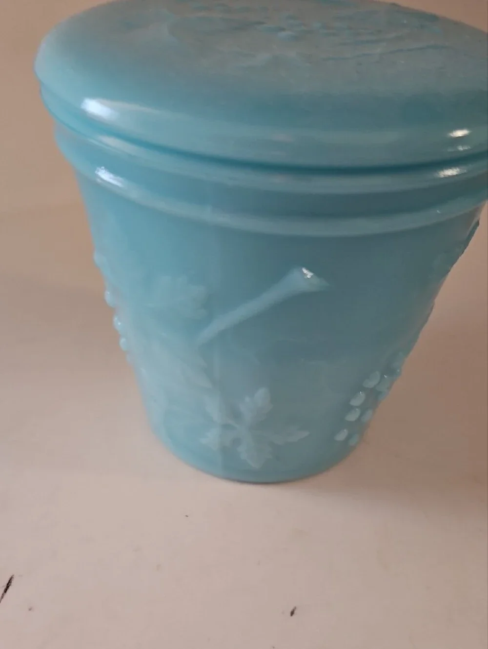 Vintage Portieux Vallerysthal French blue opaline (or milk glass) lidded jar